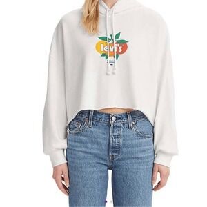 Levi's White Cropped Hoodie Orange Fruit Graphic Raw Hem Drawstring Hood Size S